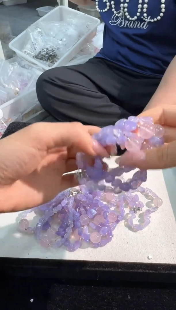 水晶手链合金Z085紫玉晶糖豆粉晶单珠款