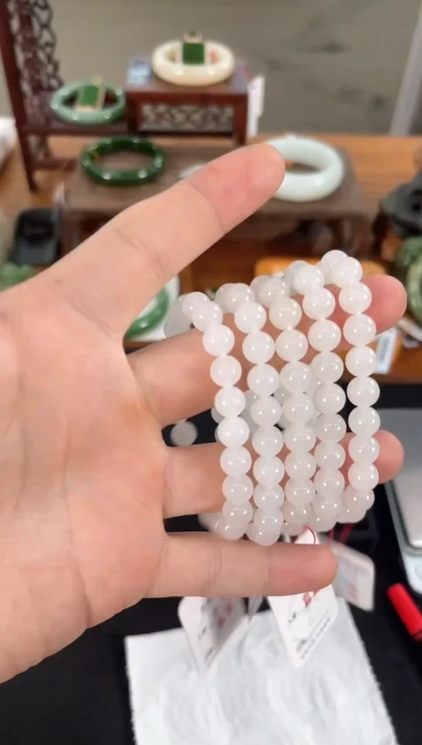 未镶嵌手串和田玉卡8青海野牛沟白玉 圆珠 多样性发一