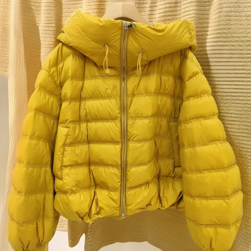 白色带帽纯色暗扣连帽女冬季十字格泡芙羽绒服女款短款