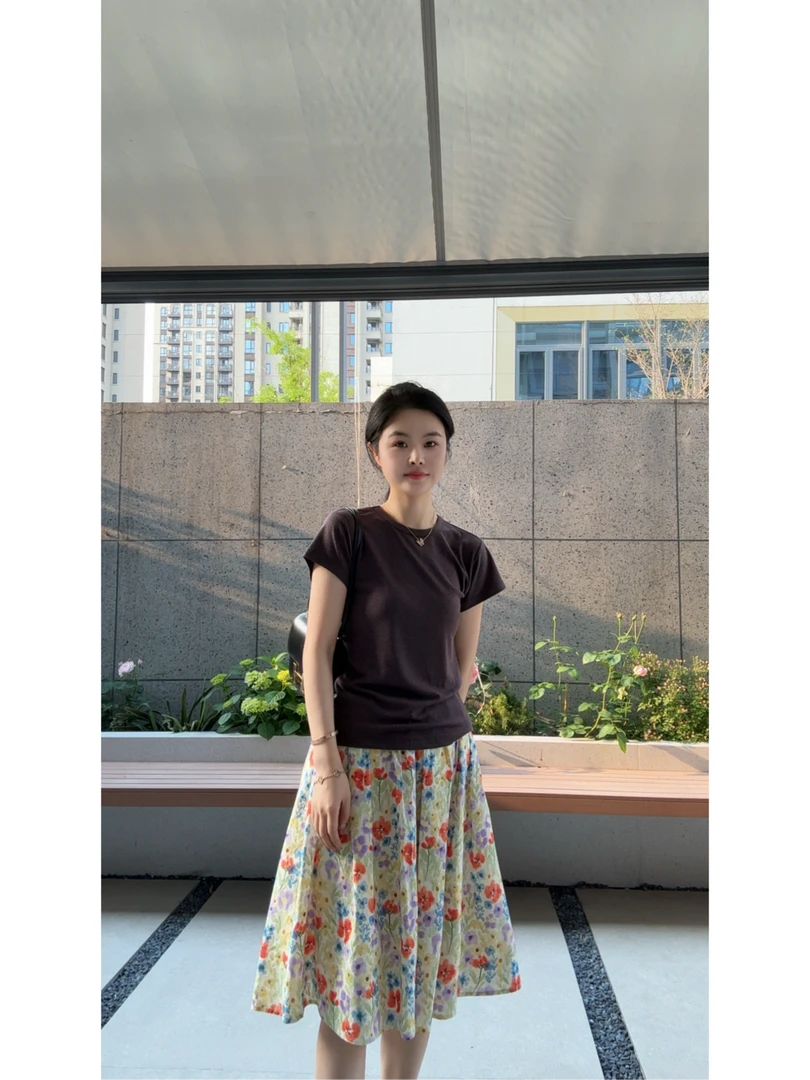 miss muzi “仲夏花园半裙”法式绵柔筋骨感100%纯棉显瘦碎花半身裙