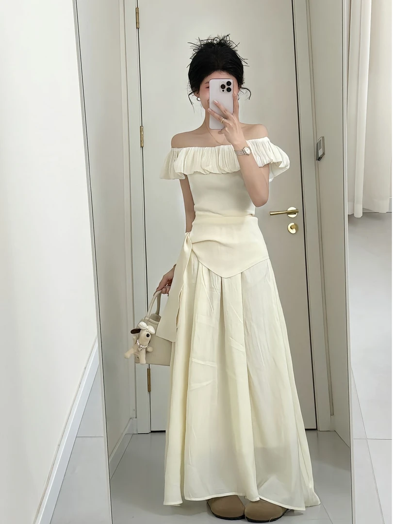 2025夏季新款韩系穿搭高级感不规则一字肩上衣搭配半身裙两件套潮