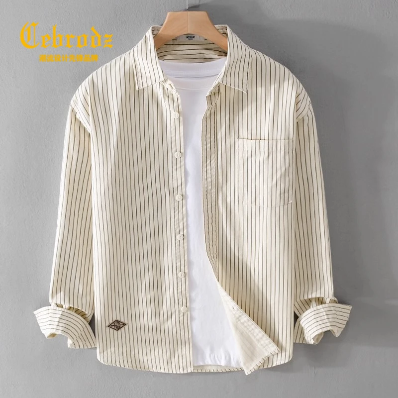 法国Cebrodz日系条纹长袖衬衫男秋季装上衣衬衫潮流时尚休闲衬衣