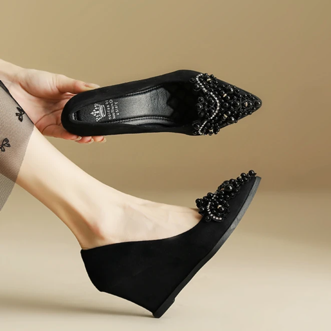 坡跟单鞋女尖头高跟鞋春秋季珍珠气质百搭法式小众女士职业工作鞋