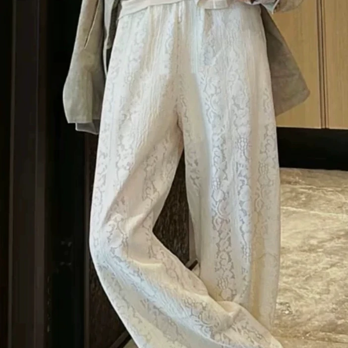 【九分花边厚蕾丝阔腿裤】2025春夏高级感穿搭松紧腰复古镂空蕾丝裤