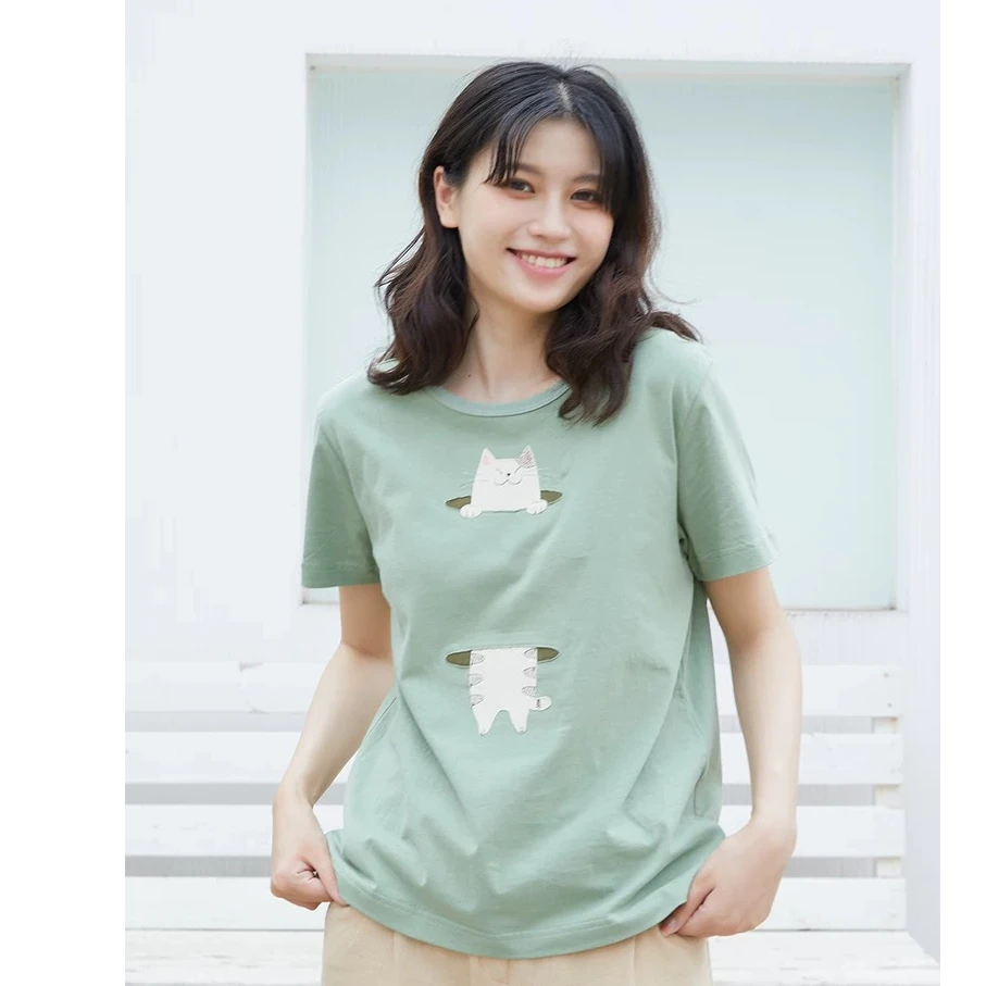 HIKOSEN CARA卡拉猫夏季圆领短袖t恤可爱猫咪女潮牌日系棉ins上衣