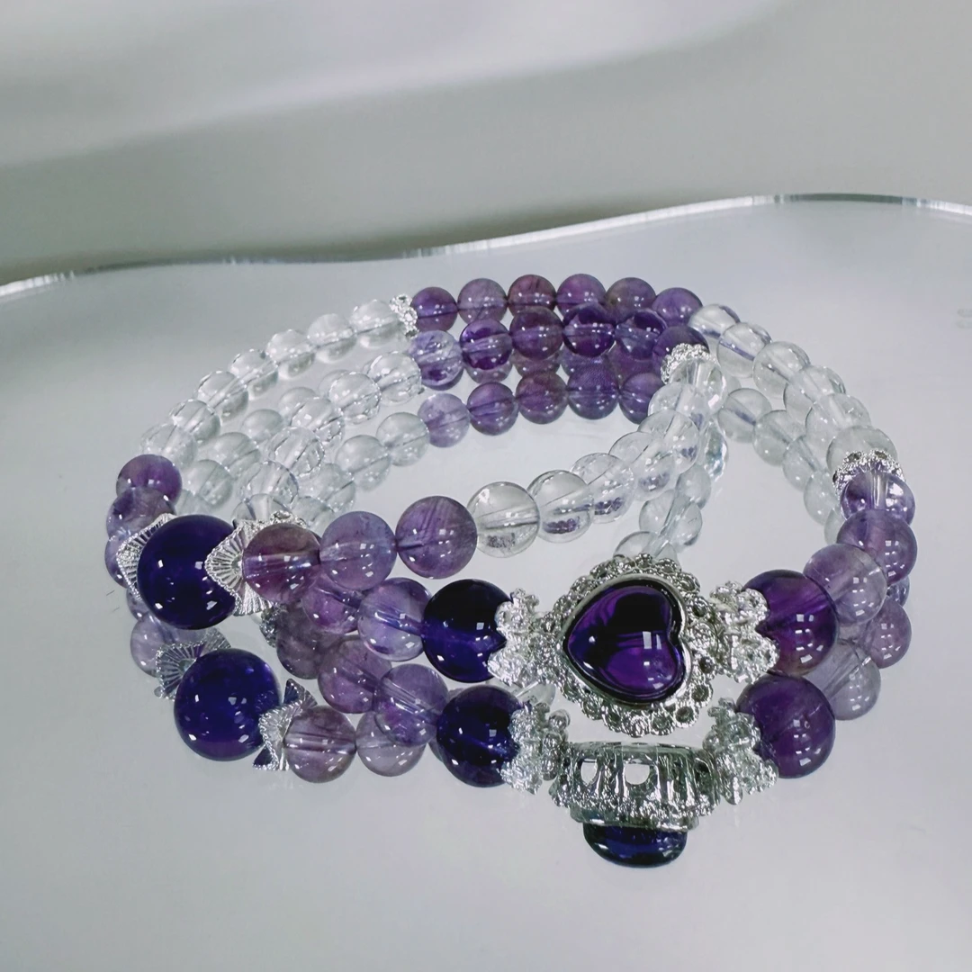 【智性恋】乌拉圭紫水晶白水晶双圈手串8mm 天然水晶原创设计ZS1018