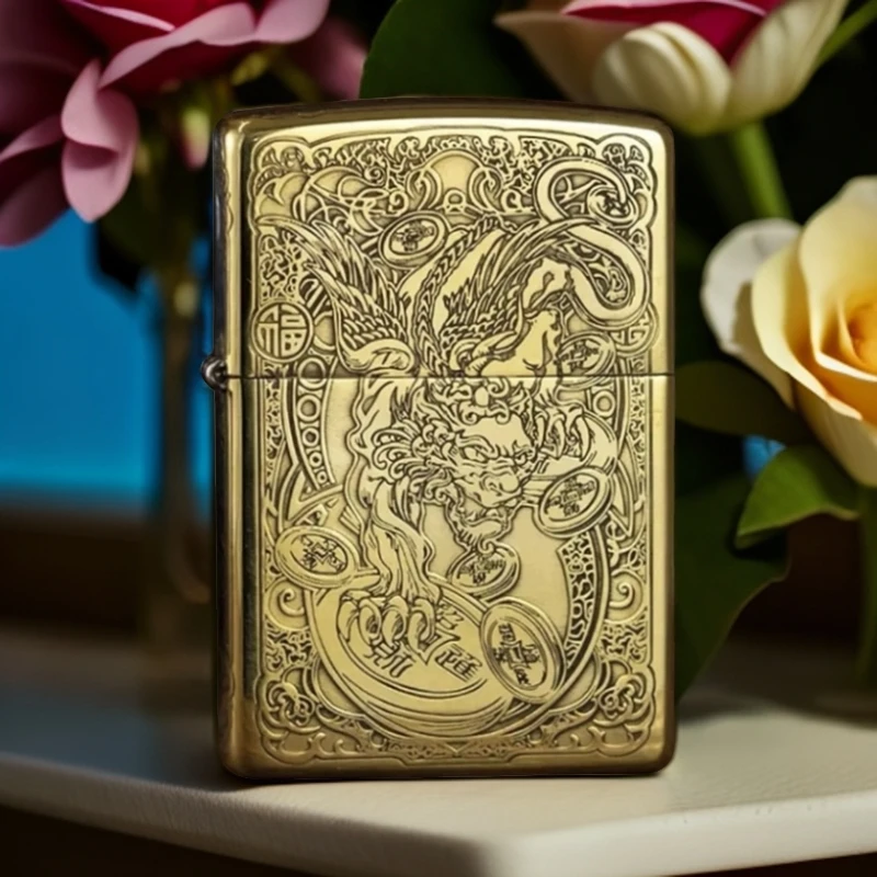 【老李推荐】zippo打火机九钱貔貅黄铜盔甲五面精雕DYJ1