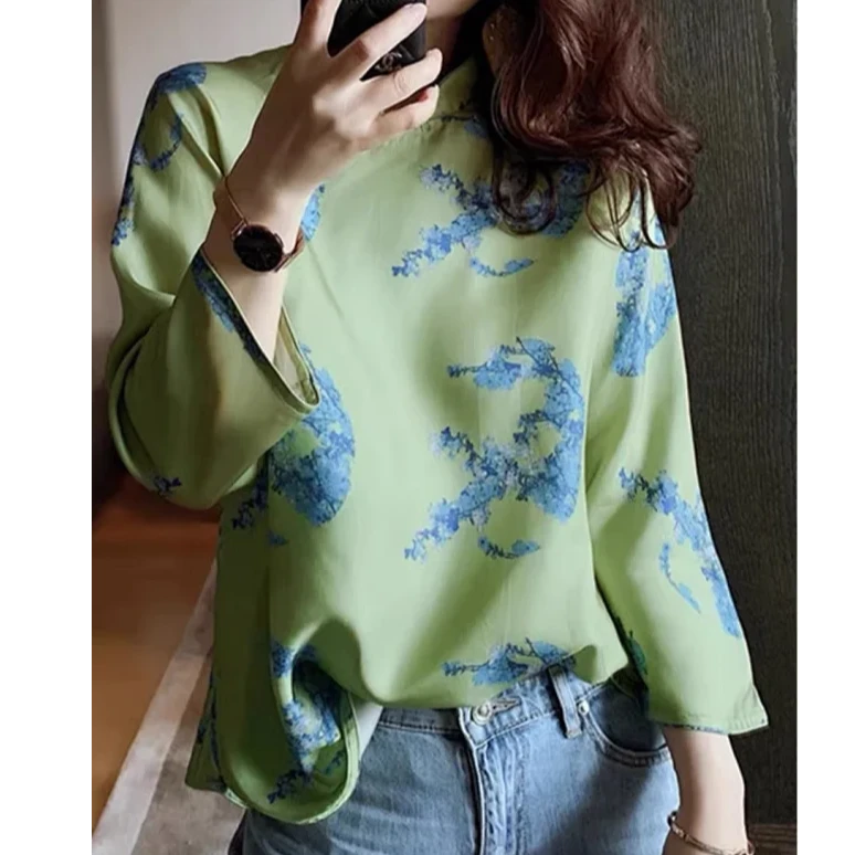 【刘家】新中式复古唐装立领九分袖绿色衬衫上衣