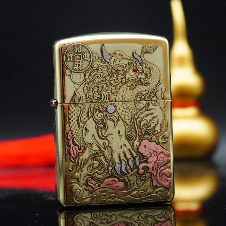 ZIPPO/之宝打火机唐狮镇蛟盔甲黄铜浮雕镶嵌紫铜DYJ1