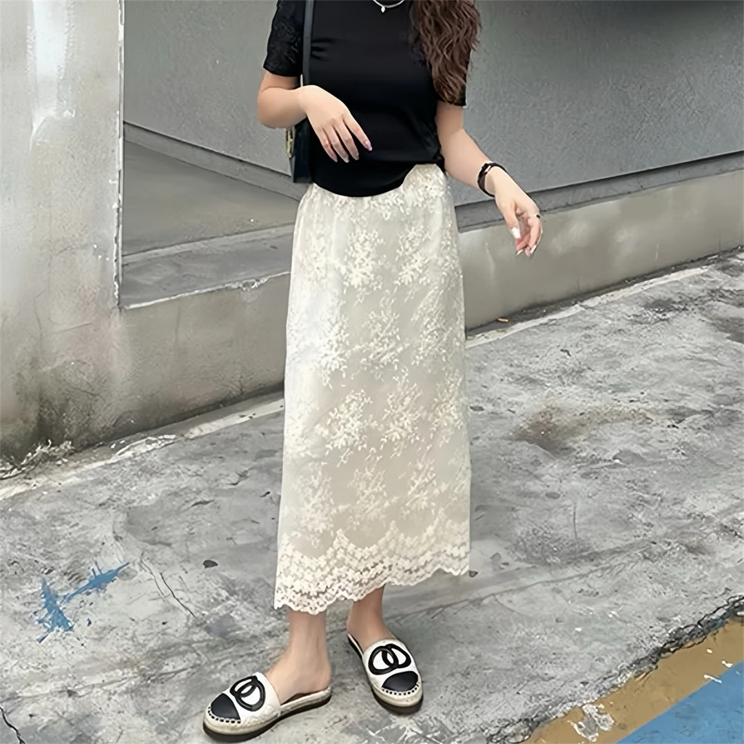 3558现货夏季女装蕾丝半身裙高腰显瘦百搭韩版温柔长裙开叉A字裙