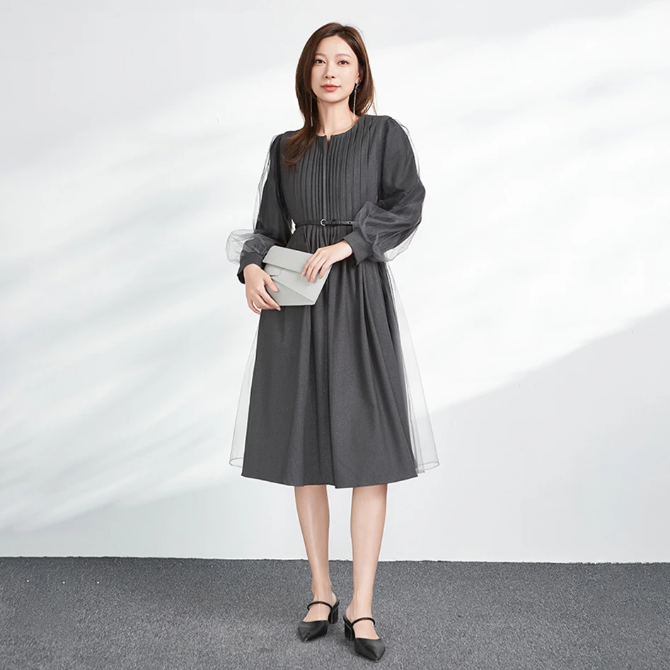 S·DEER圣迪奥秋季女装气质轻奢高端时尚长袖裙子褶皱高级感连衣裙