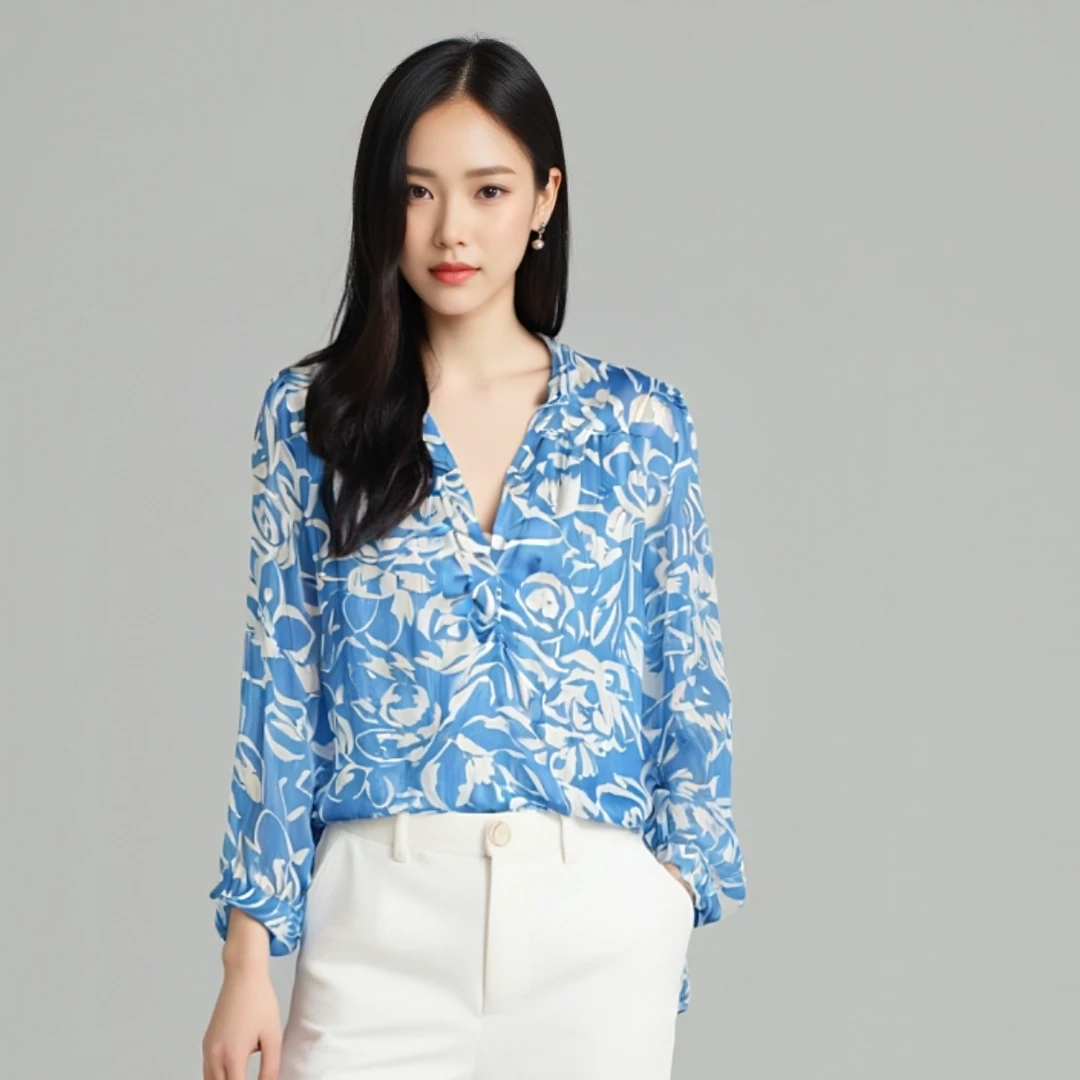 高端V领新品宽松显瘦时尚洋气印花上衣T302