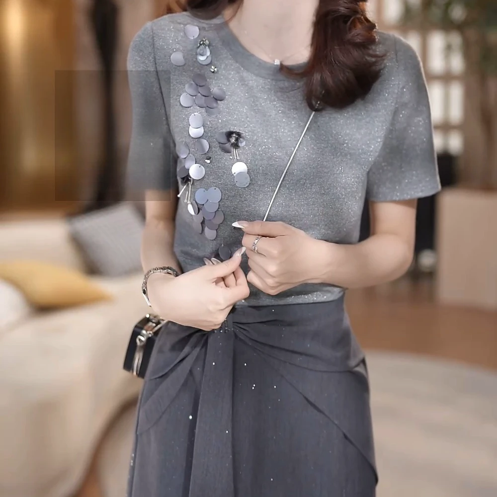 夏季新品潮流时尚休闲百搭小香风套装女短袖t恤裙子两件套