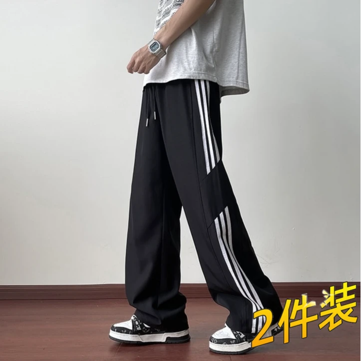 男生裤子2025新款条纹裤夏季薄款潮牌美式休闲宽松阔腿直筒运动裤