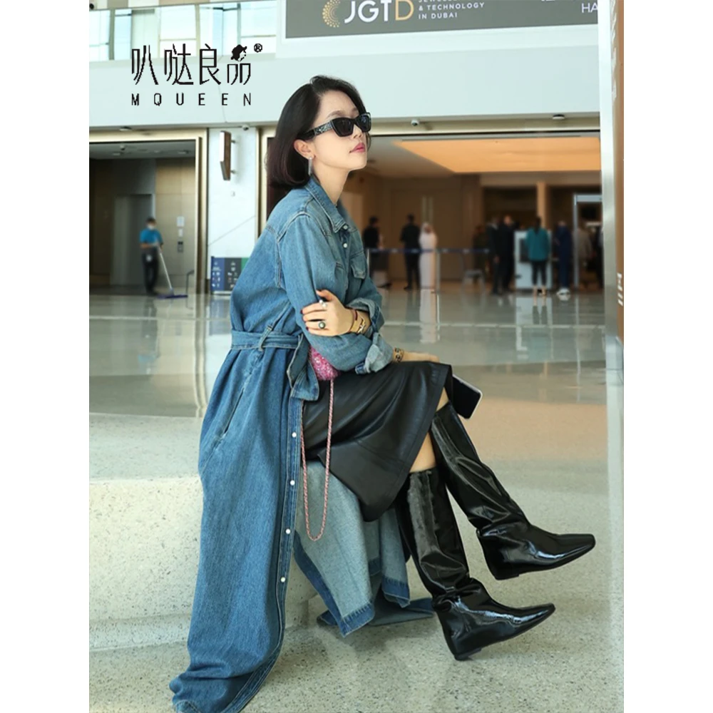 【叭哒不惑】像风一样 时尚显瘦气质收腰过膝长款牛仔外套