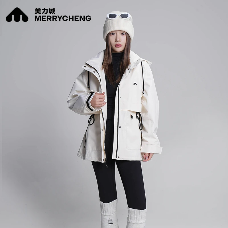 美力城短款风衣女士2025新款秋季户外运动防泼水连帽外套1807