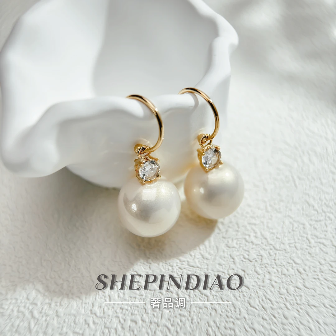 R135轻奢气质珠子镶钻耳钉小众法式经典款