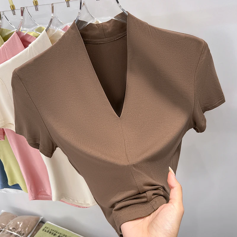 咖色软糯修身打底衫女新款正肩短袖t恤休闲外穿低v领气质小上衣夏