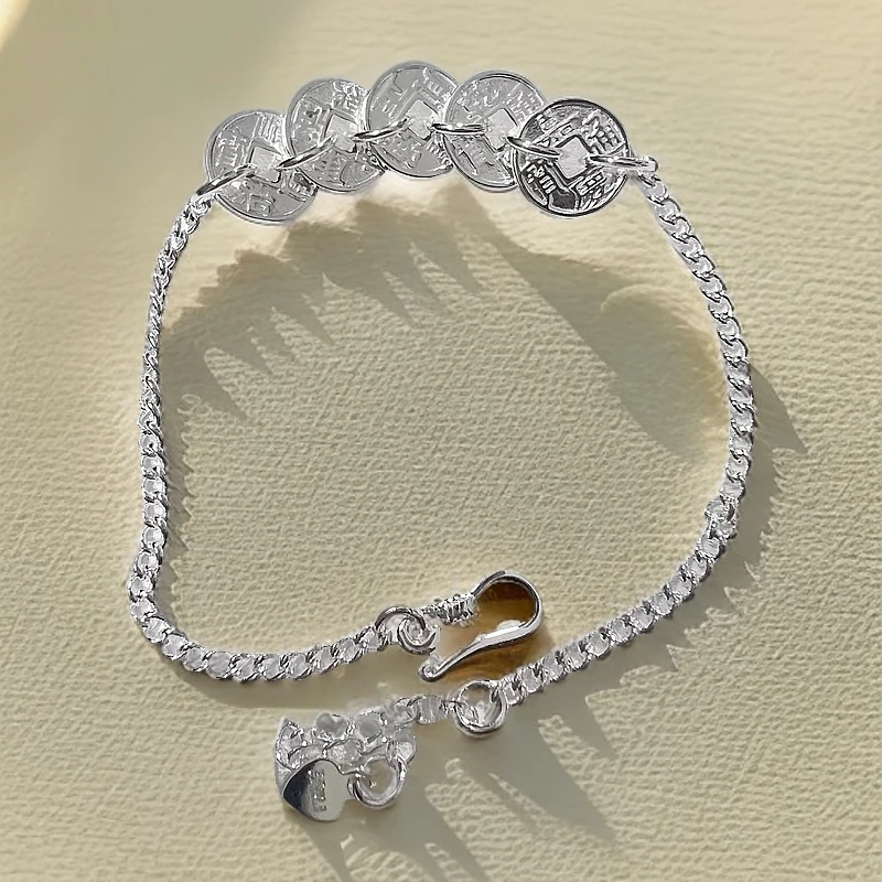 足银手链 民族风五帝钱素链百搭手链