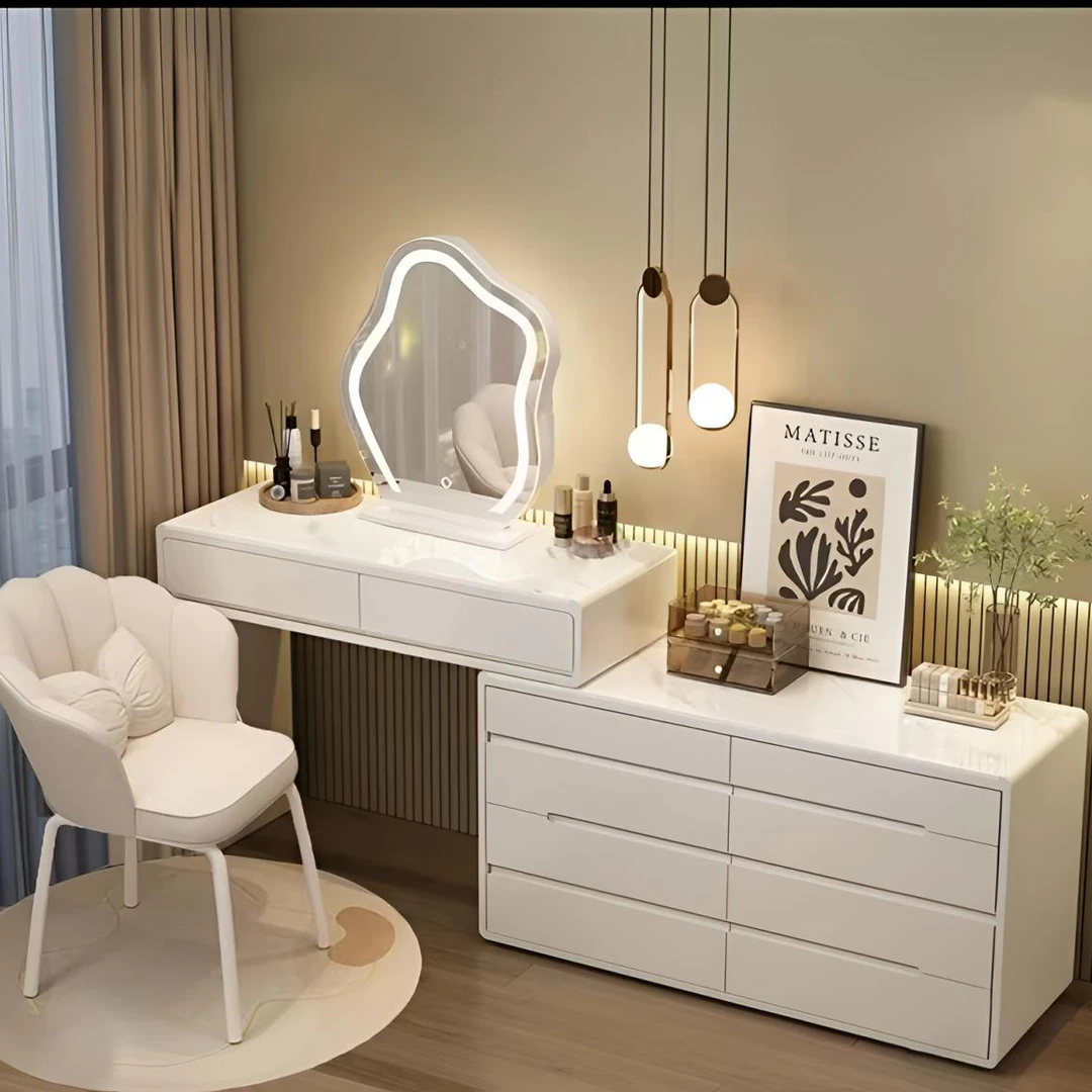 2025新款全实木奶油风岩板梳妆台简约现代卧室家用斗柜一体化妆桌