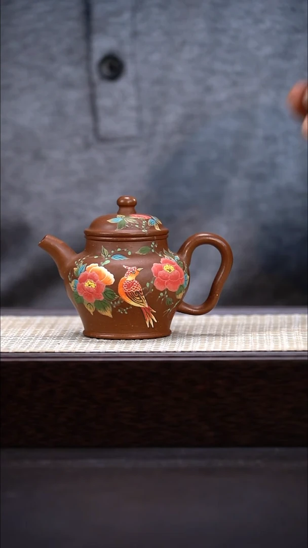 茶壶紫砂老段泥 宫灯泥绘 花鸟 180cc