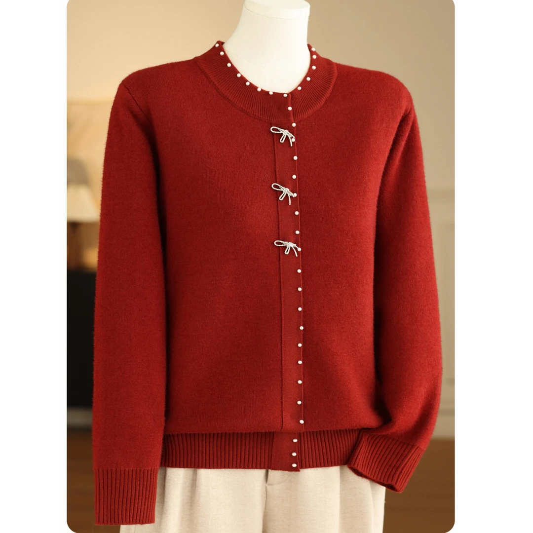 妈妈装冬季新款加绒加厚保暖圆领毛衣女中老年针织衫加厚打底上衣