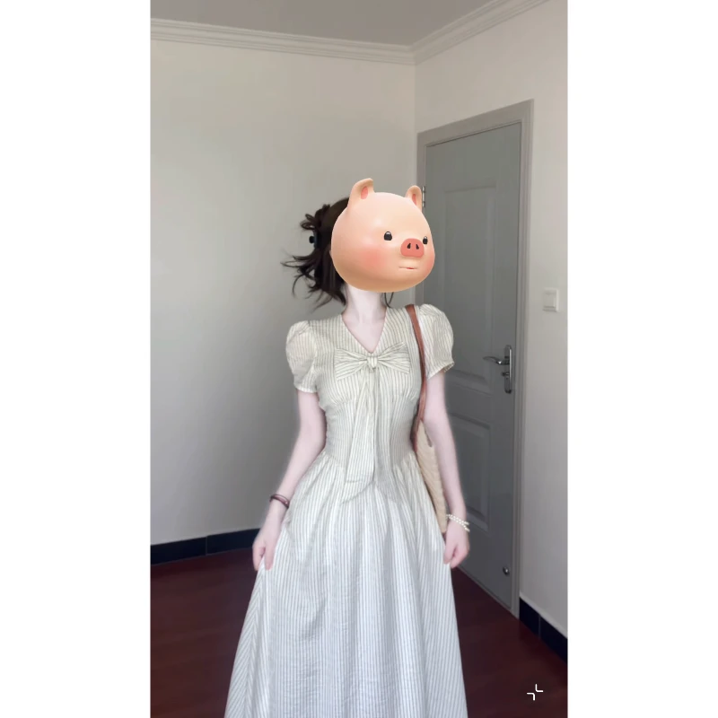 大码【栀子清欢】夏季法式气质高级感V领蝴蝶结条纹连衣裙显瘦长裙