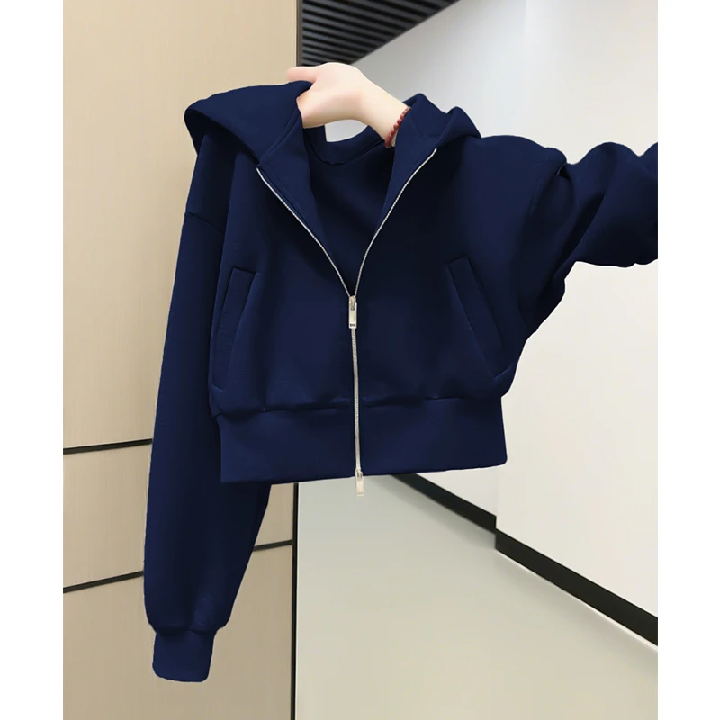 藏蓝色连帽卫衣女2025新款春秋加绒小个子短款外套双拉链开衫上衣