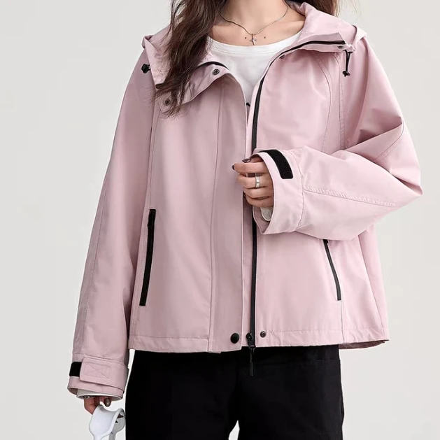 【玖】25年春秋新款宽松休闲夹克粉色冲锋衣开衫外套-JZ0167