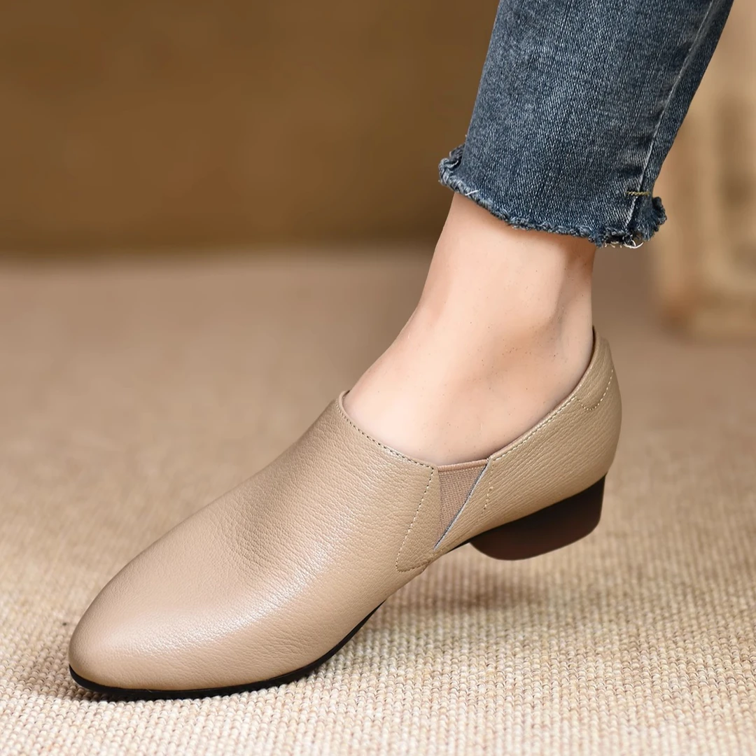 羊皮版~单鞋女中跟2025春秋季新款皮鞋尖头复古粗跟软底真皮女鞋