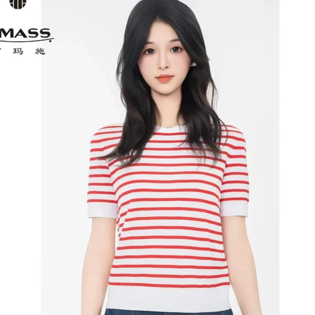 AMASS/阿玛施新款时尚条纹百搭休闲修身经典圆领短袖针织 5399726