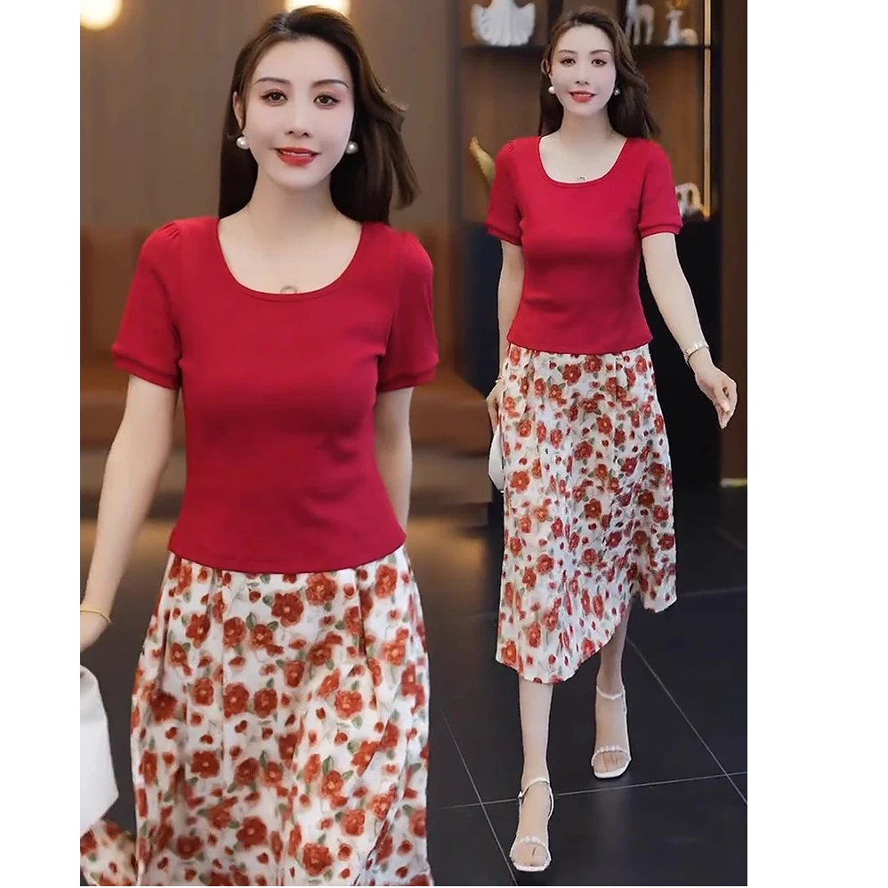时尚连衣裙套装女2025夏季新款洋气显瘦短袖T恤碎花半身裙两件套