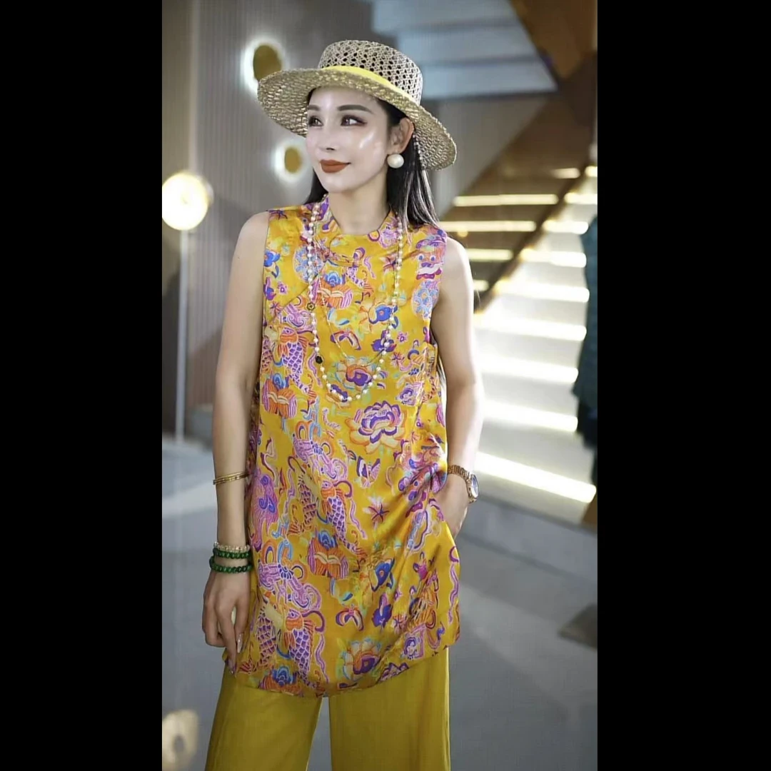 夏季新中式国风时尚显瘦洋气复古镜鲤中长款上衣yfL2594415C