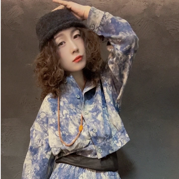 原创新款蓝色扎染牛仔棉短开衫（定制款）