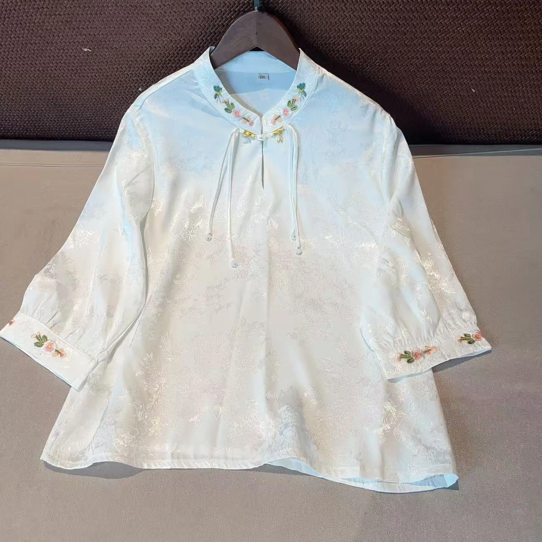 【琪-衬衫】2025新中式国风宋锦万针绣设计款上衣七分袖衬衫