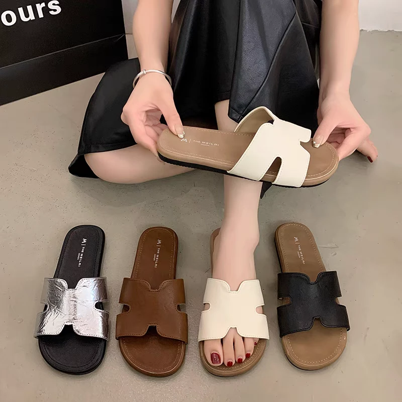 法式外穿平底女2025夏季外穿新款仙女风一字拖鞋K899