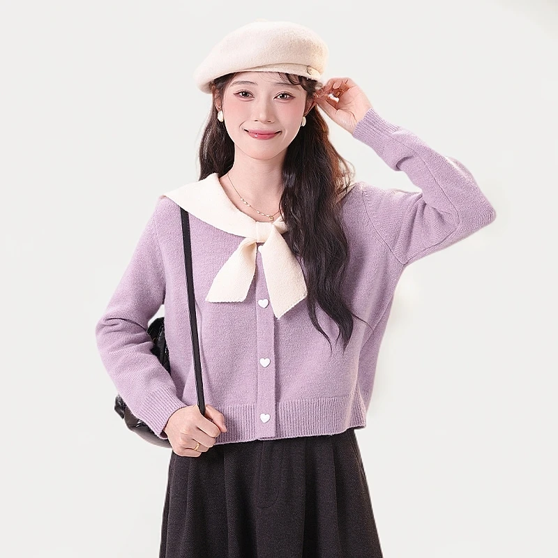 甜美蝴蝶结V领毛衣女小个子短款宽松针织衫上衣