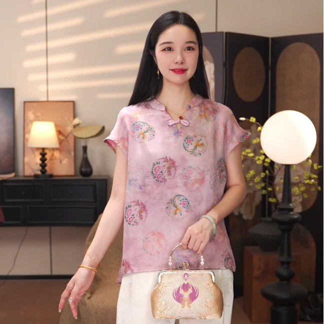 【凤求凰】2025新中式国风高级感T恤女装夏季短袖斜襟上衣