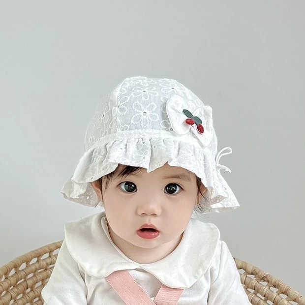 婴儿帽子春秋薄款宝宝小月龄渔夫帽樱桃公主帽蕾丝夏季防晒渔夫帽