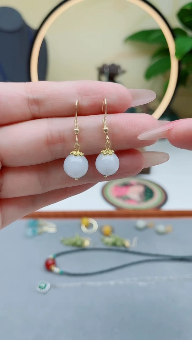 翡翠银S925镶嵌耳饰00翡翠单珠