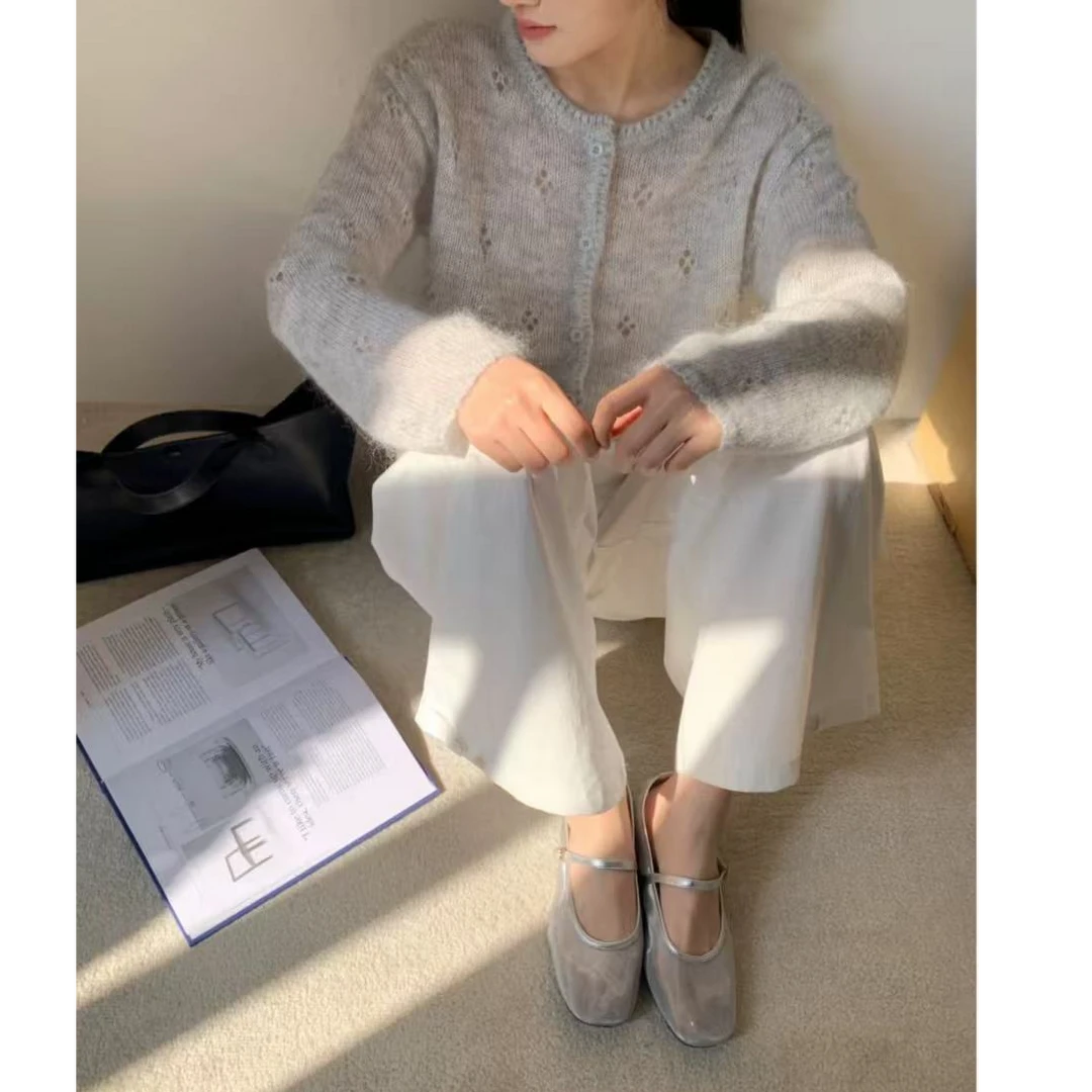 奶昔灰色~软糯镂空毛衣女春秋新款外套单排扣针织开衫上衣