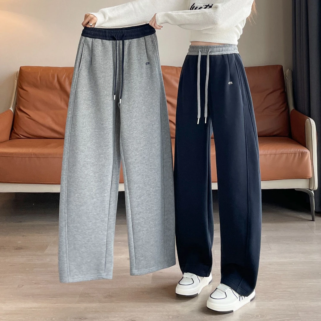 秋冬季弯刀阔腿裤女小个子九分宽松加绒加厚直筒休闲运动香蕉卫裤