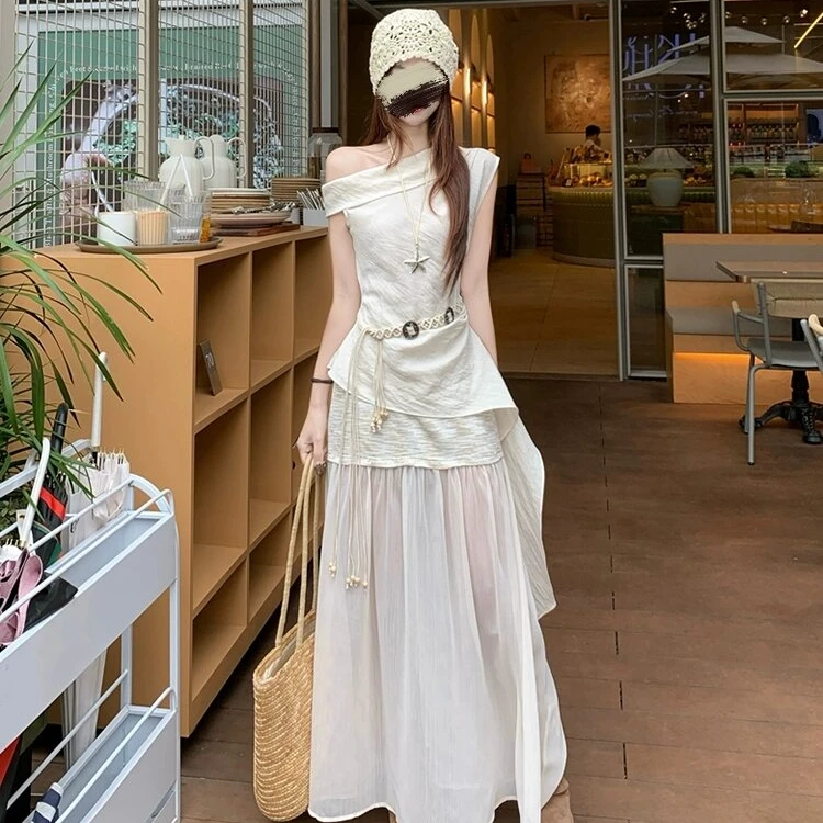 【BEIERHERO.贝尔】波西米亚风斜肩连衣裙不规则腰带收腰长裙度假风