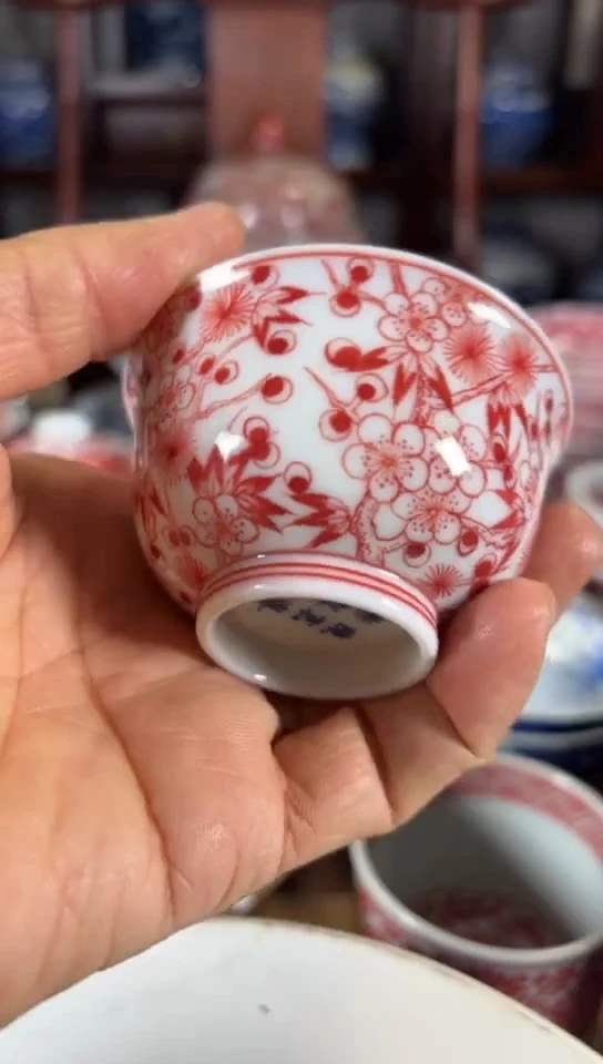 柴窑釉里红岁寒三友杯杯