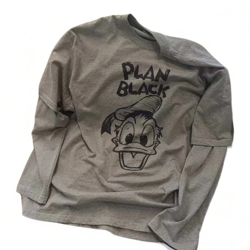 时尚2024年春夏季新款水洗工艺唐老鸭印花假两件长袖T恤女款卫衣