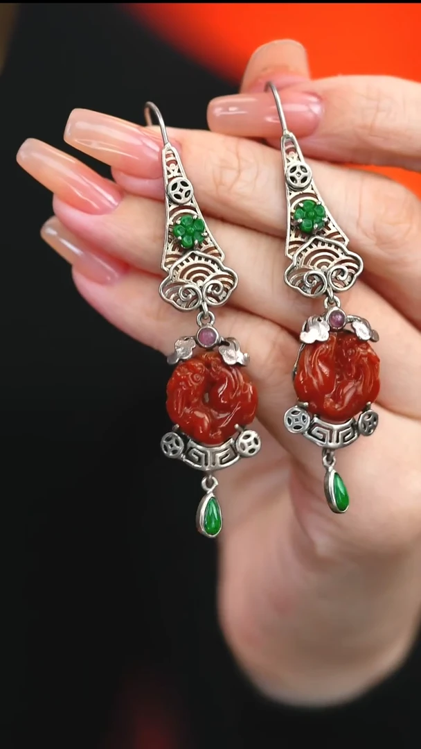 银S925镶嵌翡翠耳饰新款