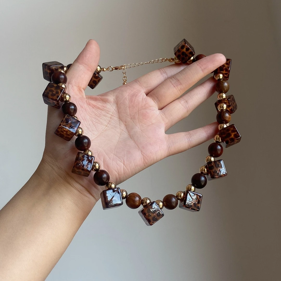 卡柒 铜合金项链 方块波点豹纹项链时尚百搭小众设计感夸张锁骨链