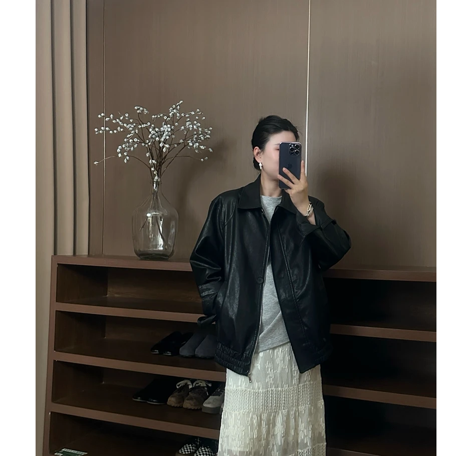 2025南北家新款春季宽松大版欧货皮衣显瘦百搭黑色韩版002