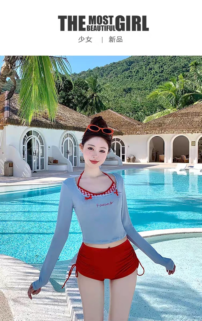 定制方口领蝴蝶结长袖罩衫平角比基尼修身性感辣妹纯欲甜美泳衣