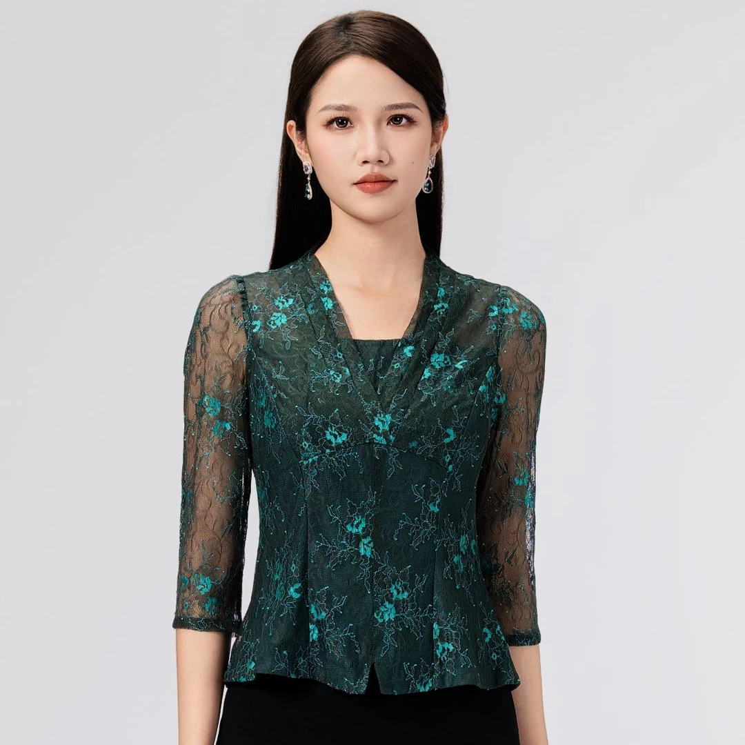 SUSSI/古色“港风优雅”春夏蕾丝V领显瘦透气短袖上衣